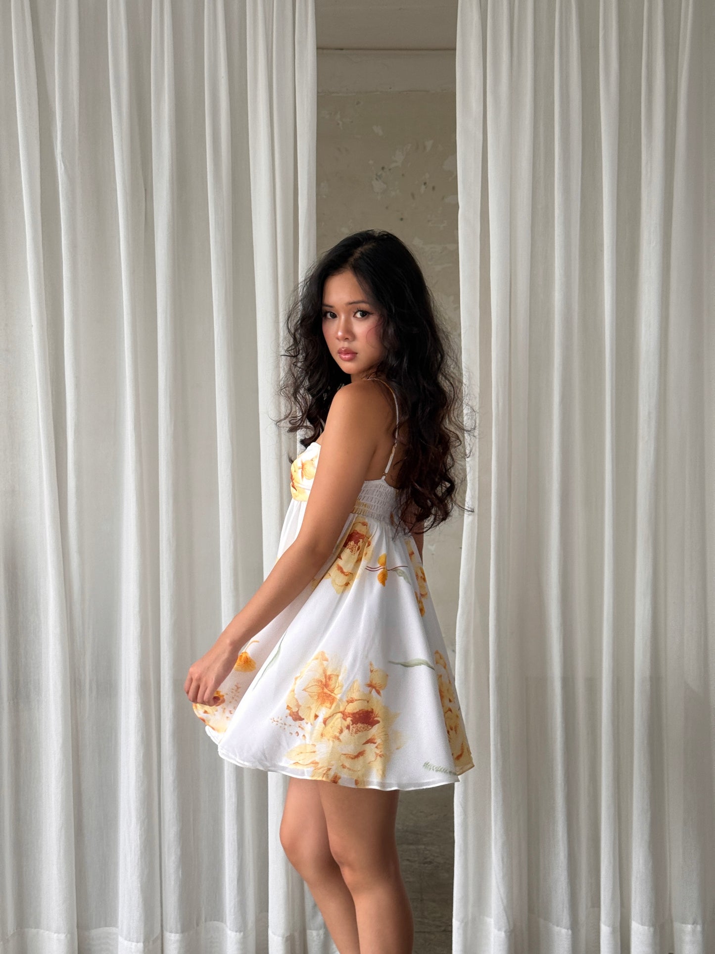 Dahlia dress - Orange flowers fluffy mini