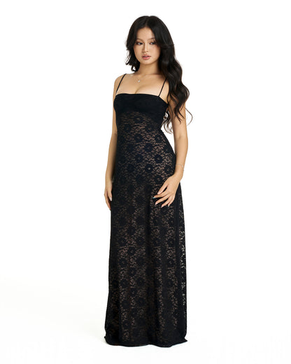 Lacey dress - double lined back tie maxi (black and pink)