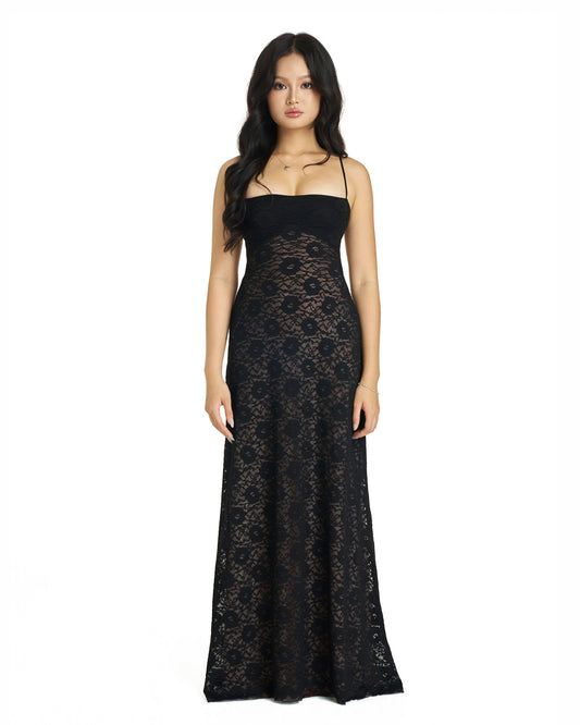 Lacey dress - double lined back tie maxi (black and pink)