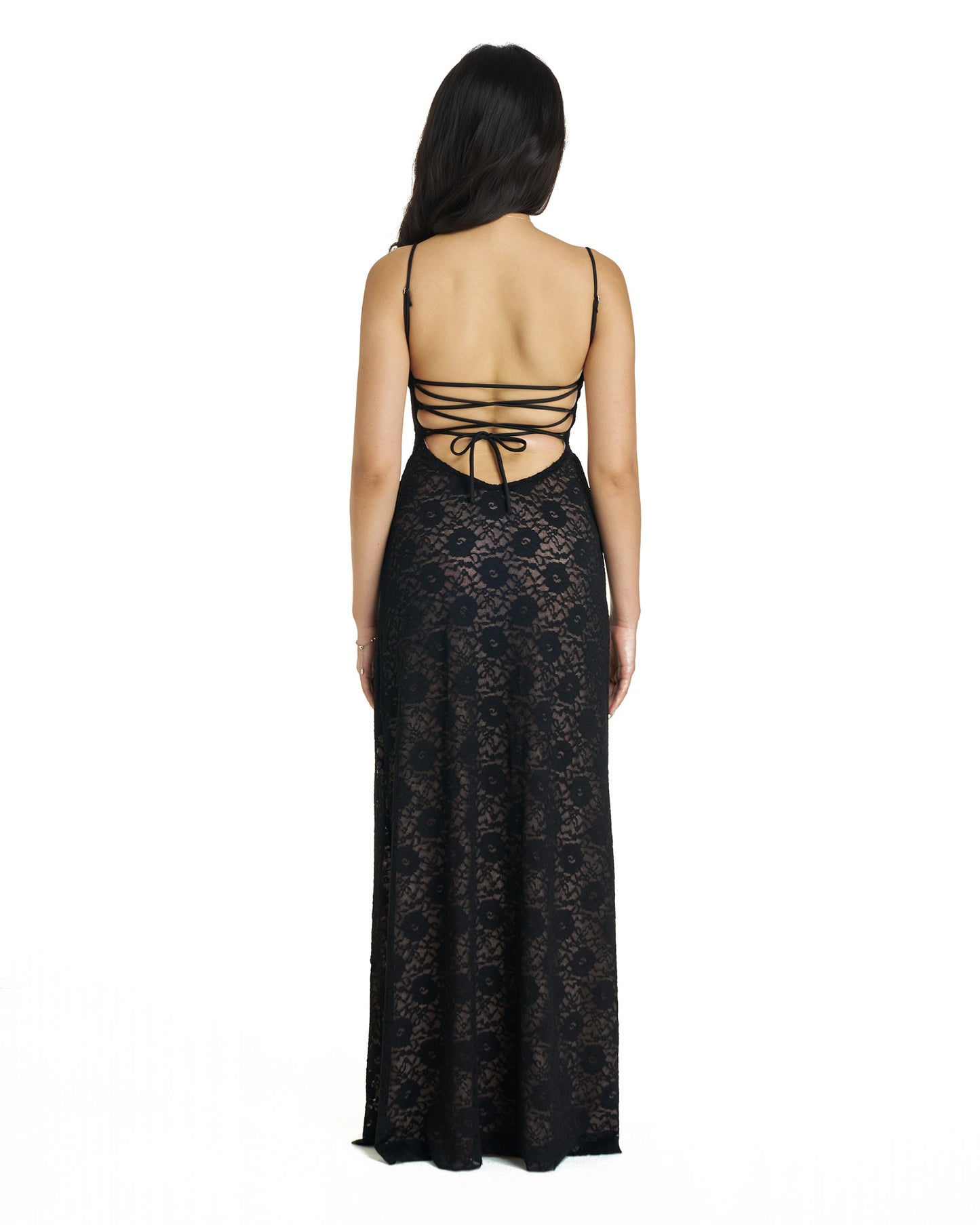 Lacey dress - double lined back tie maxi (black and pink)