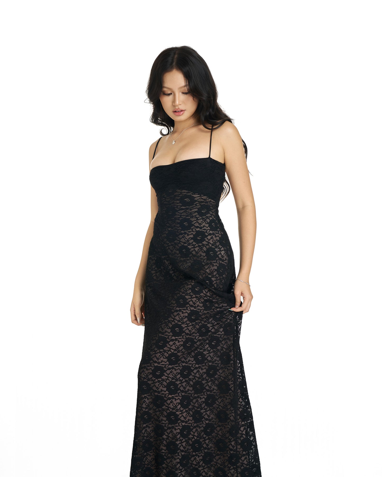 Lacey dress - double lined back tie maxi (black and pink)