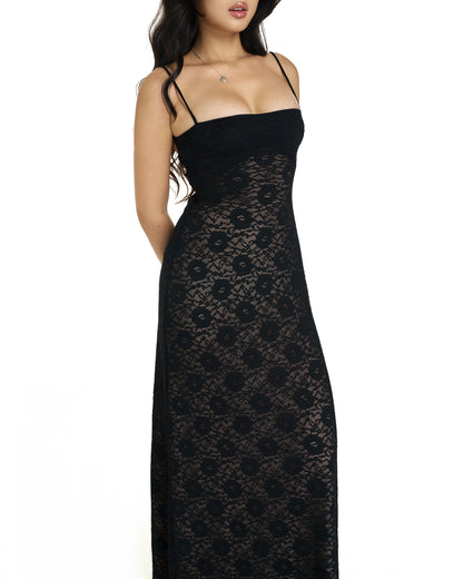 Lacey dress - double lined back tie maxi (black and pink)