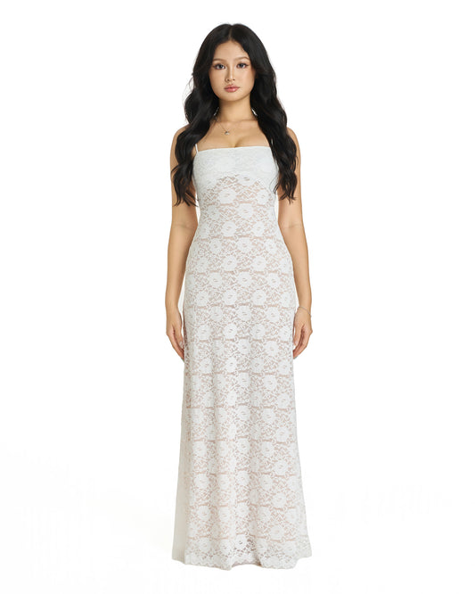 Lacey dress - double lined back tie maxi (white)