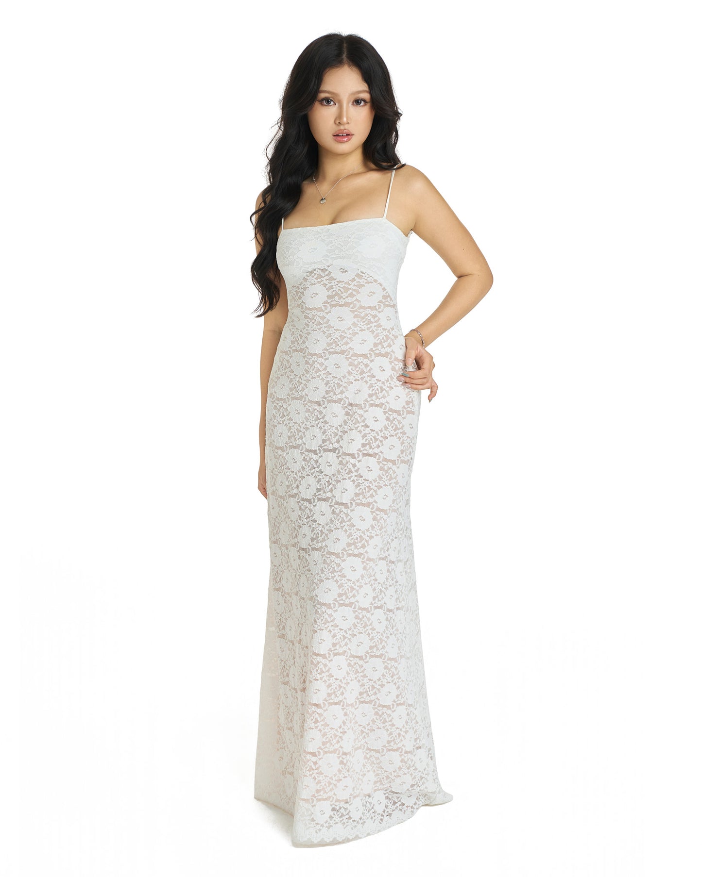 Lacey dress - double lined back tie maxi (white)