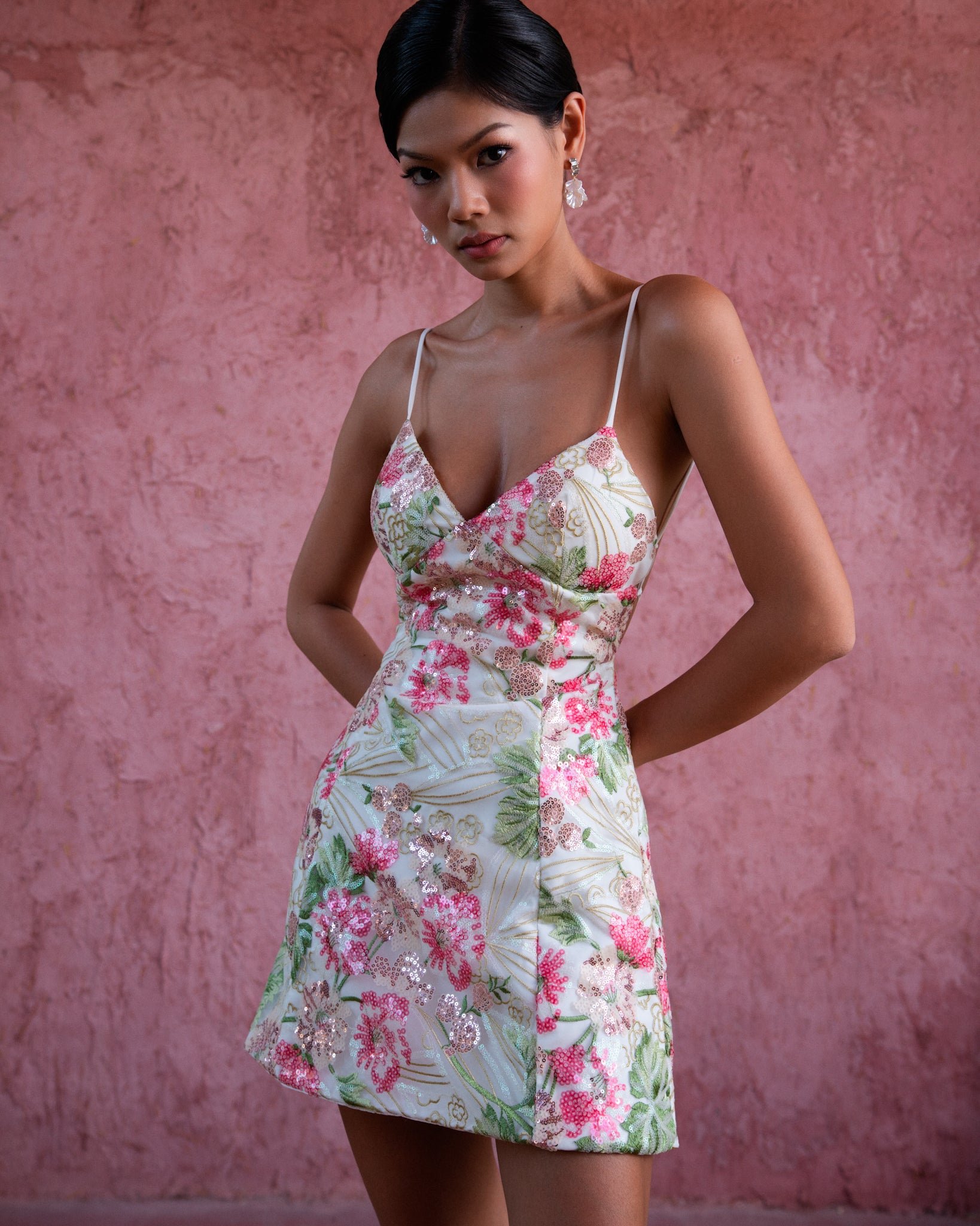 Flora dress - Floral embellished mini dress in white – Bonita