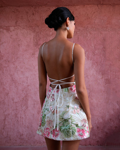 Flora dress - Floral embellished mini dress in white