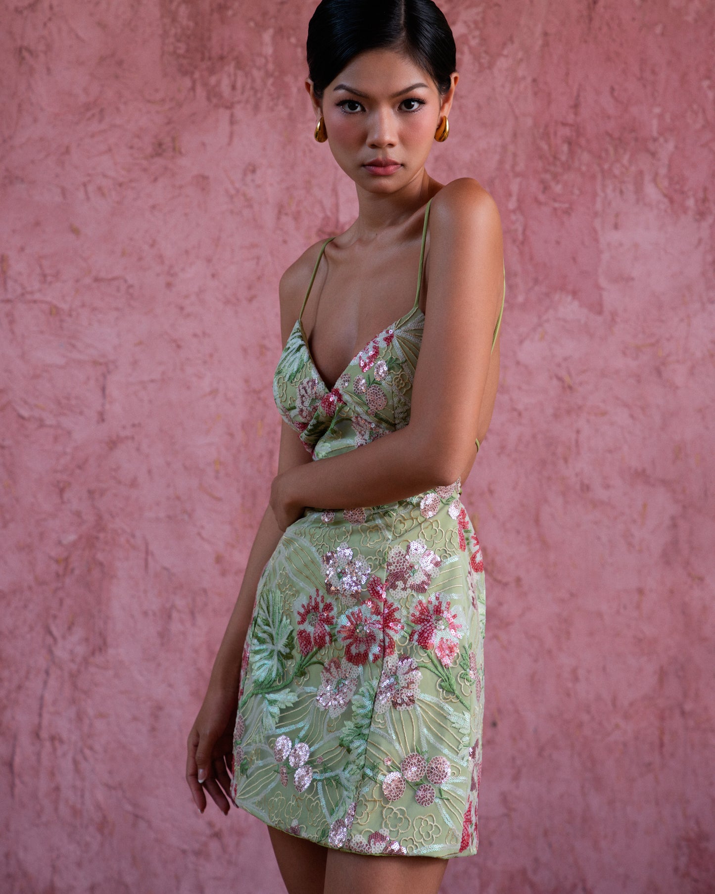 Flora dress - Floral embellished mini dress in green