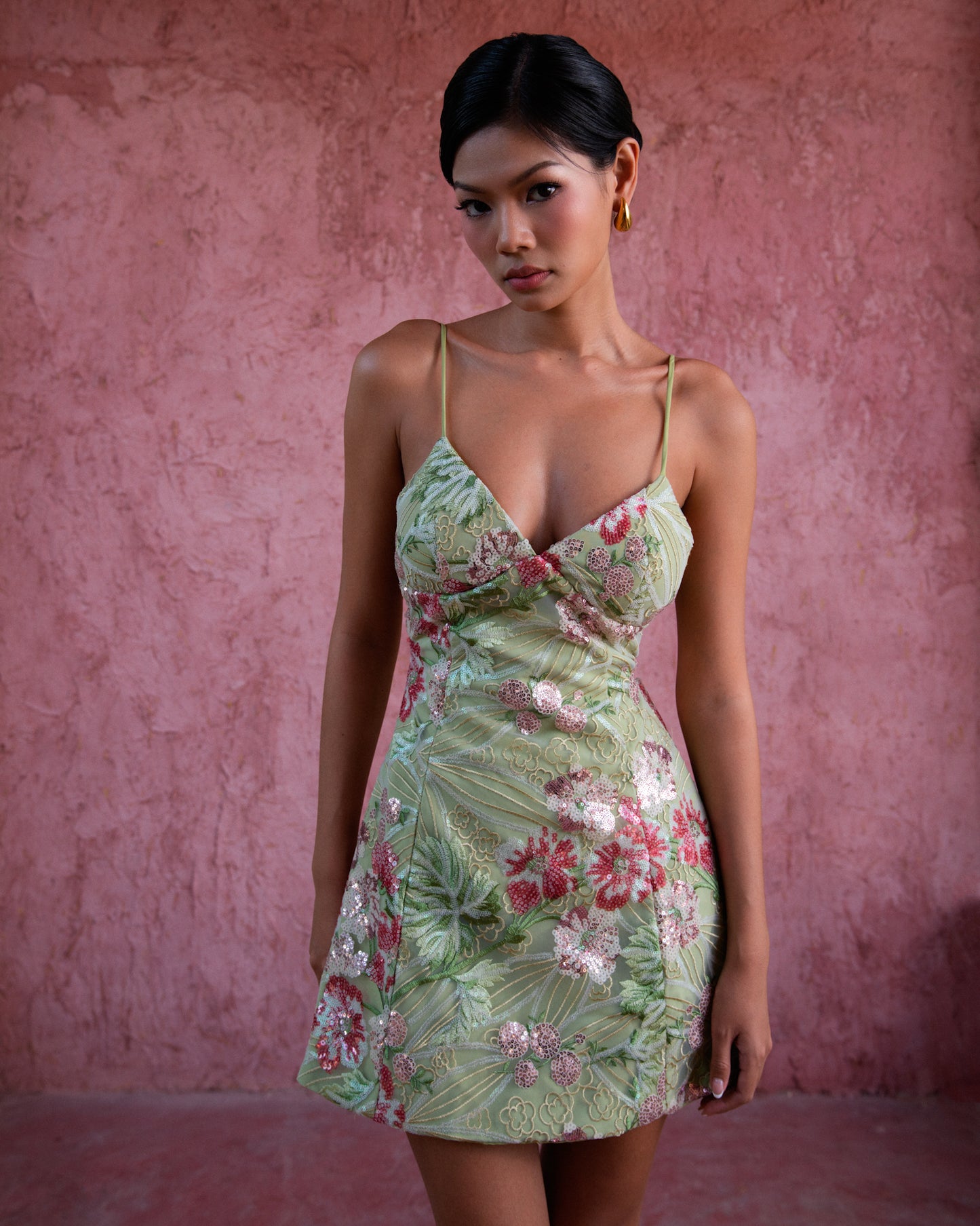 Flora dress - Floral embellished mini dress in green