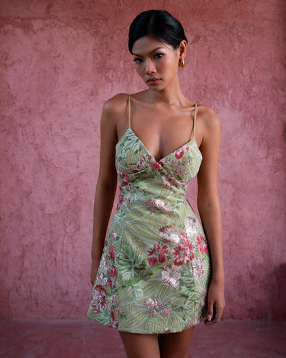 Flora dress - Floral embellished mini dress in green
