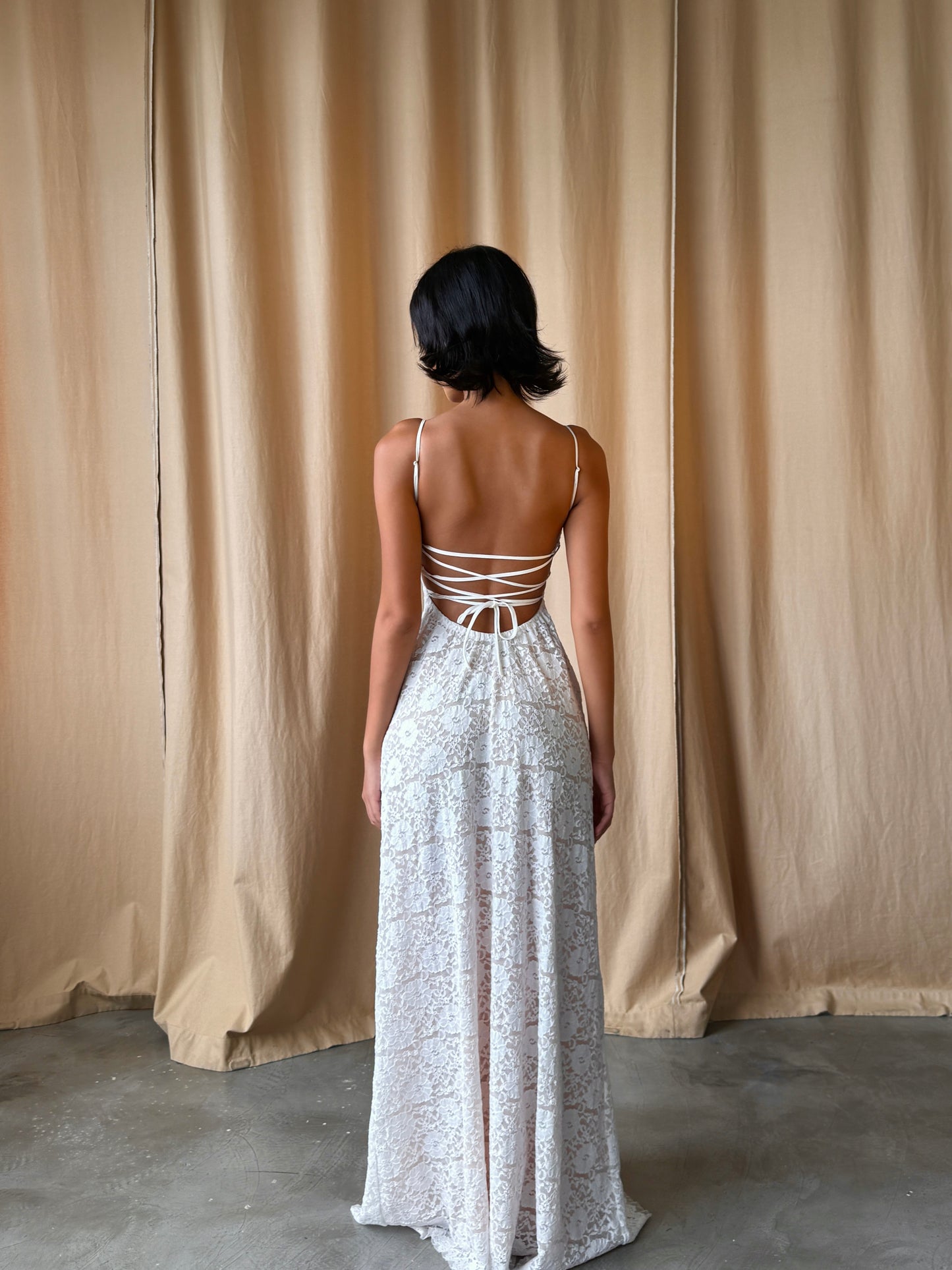 Lacey dress - double lined back tie maxi (white)