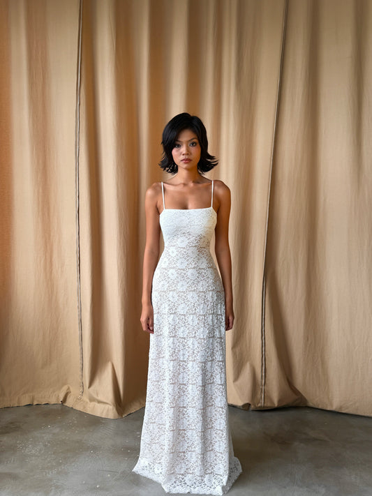 Lacey dress - double lined back tie maxi (white)