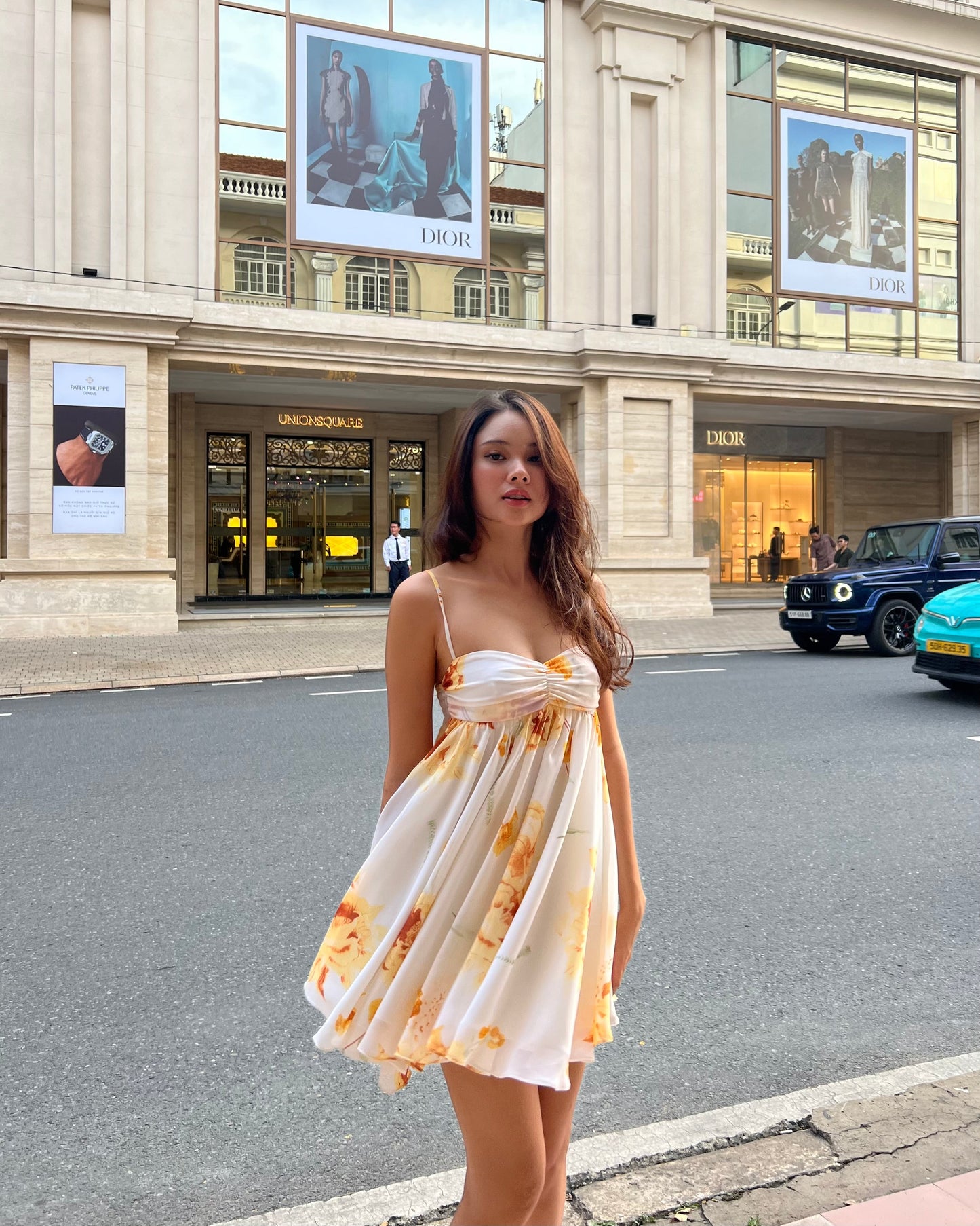 Dahlia dress - Orange flowers fluffy mini