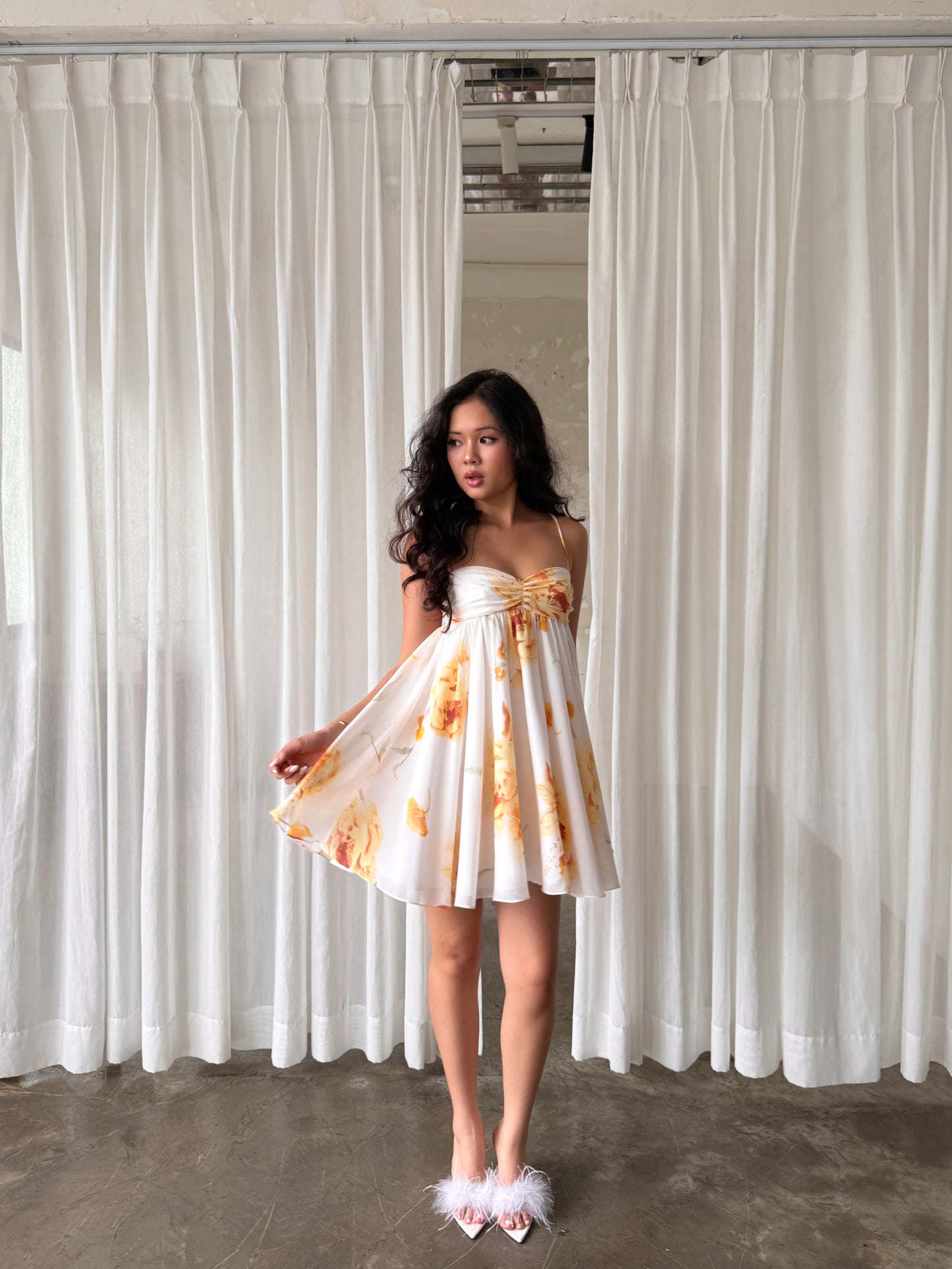 Dahlia dress - Orange flowers fluffy mini