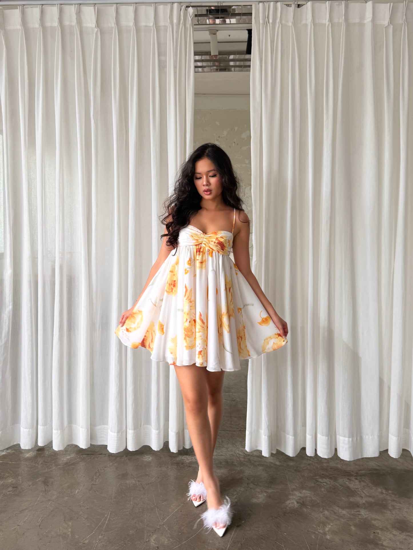 Dahlia dress - Orange flowers fluffy mini