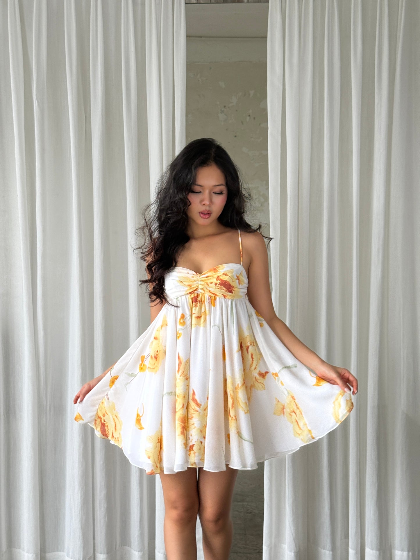 Dahlia dress - Orange flowers fluffy mini