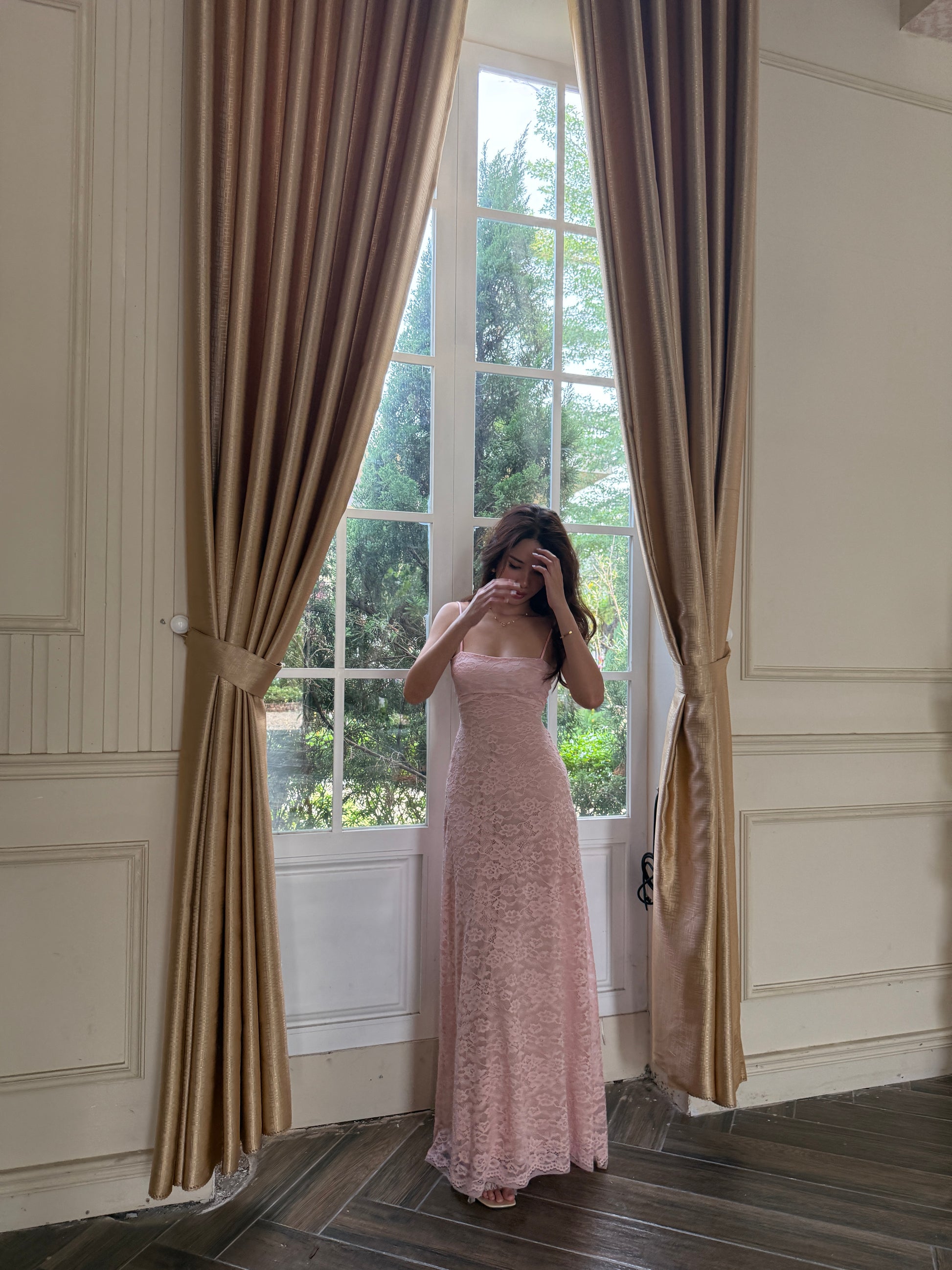 Lacey dress - double lined back tie maxi (black and pink) Bonita Rosabelle Lacey dress - double lined back tie maxi (black and pink) Bonita Rosabelle