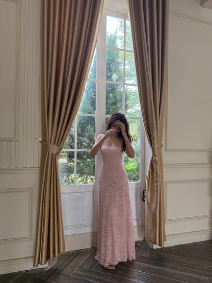 Lacey dress - double lined back tie maxi (black and pink)