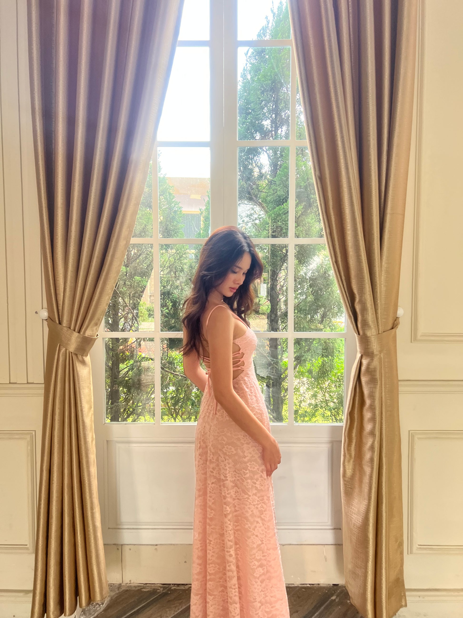 Lacey dress - double lined back tie maxi (black and pink) Bonita Rosabelle Lacey dress - double lined back tie maxi (black and pink) Bonita Rosabelle